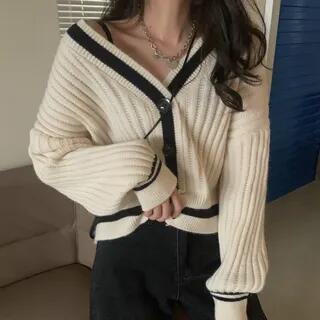 V-Neck Contrast Trim Button-Up Cardigan White