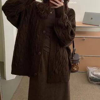 Long Sleeve V-Neck Plain Cable Knit Cardigan Coffee