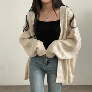 Plain Ribbed Open Front Cardigan Beige