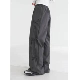 Elastic Waist Plain Tie Side Wide Leg Pants Dark Gray