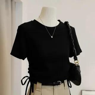 Short-Sleeve Crew Neck Plain Lace Up Shirt Black