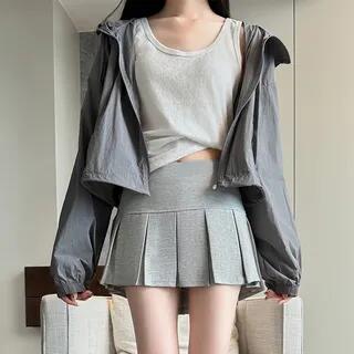 Mid Rise Panel Accordion Pleat A-line Sports Mini Skirt With Inset Shorts Light Gray Mid Rise Panel Accordion Pleat A-line Sports Mini Skirt With Inset Shorts Light Gray