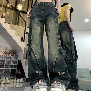 Mid Rise Washed Distressed Panel Loose Fit Jeans Various Designs Cropped Edition – Vintage Blue Mid Rise Washed Distressed Panel Loose Fit Jeans Various Designs Cropped Edition – Vintage Blue