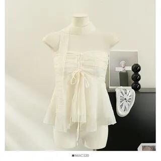 Plain Drawstring Ruched Mesh Tube Top with Scarf Almond Plain Drawstring Ruched Mesh Tube Top with Scarf Almond