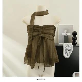 Plain Drawstring Ruched Mesh Tube Top with Scarf Coffee