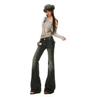 Low Waist Washed Flared Jeans Various Designs Normal Edition – Blackish Gray Low Waist Washed Flared Jeans Various Designs Normal Edition – Blackish Gray