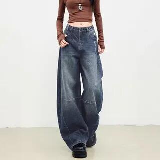 Mid Rise Washed Barrel Leg Baggy Jeans WJ- – Blue