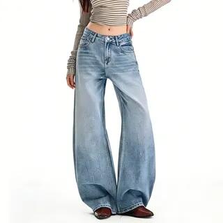 Low Rise Washed Barrel Leg Baggy Jeans WJ- – Blue