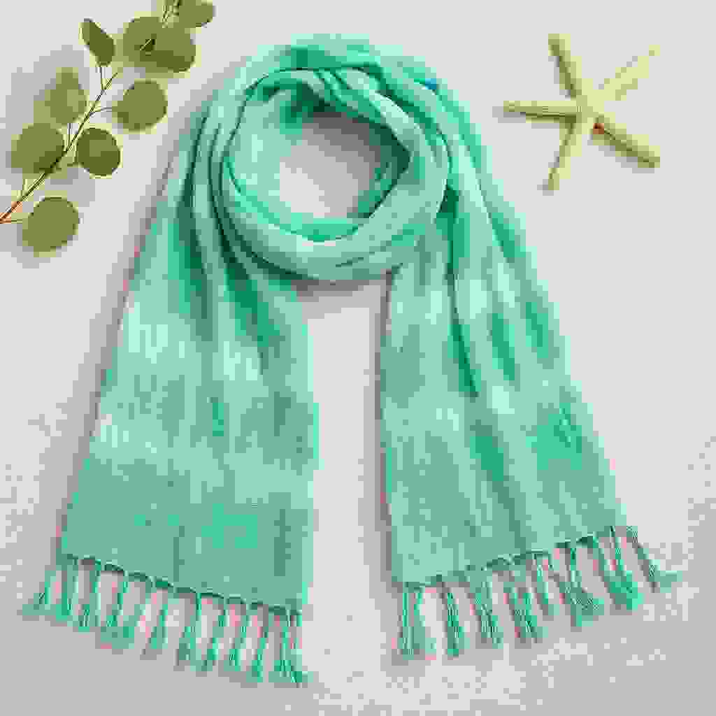 Boho Linen-Blend Turquoise Tie-Dye Long Tassel Scarf