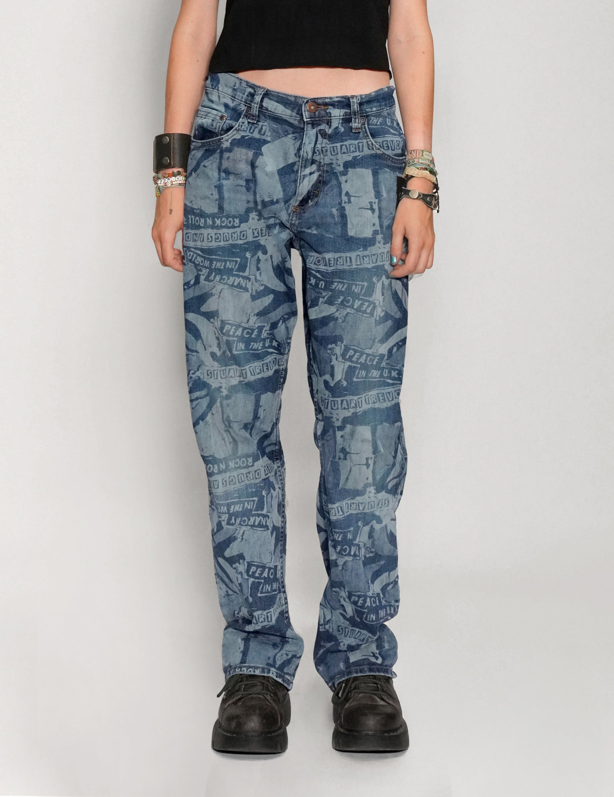‘Peace’ Laser Print Jeans in Blue