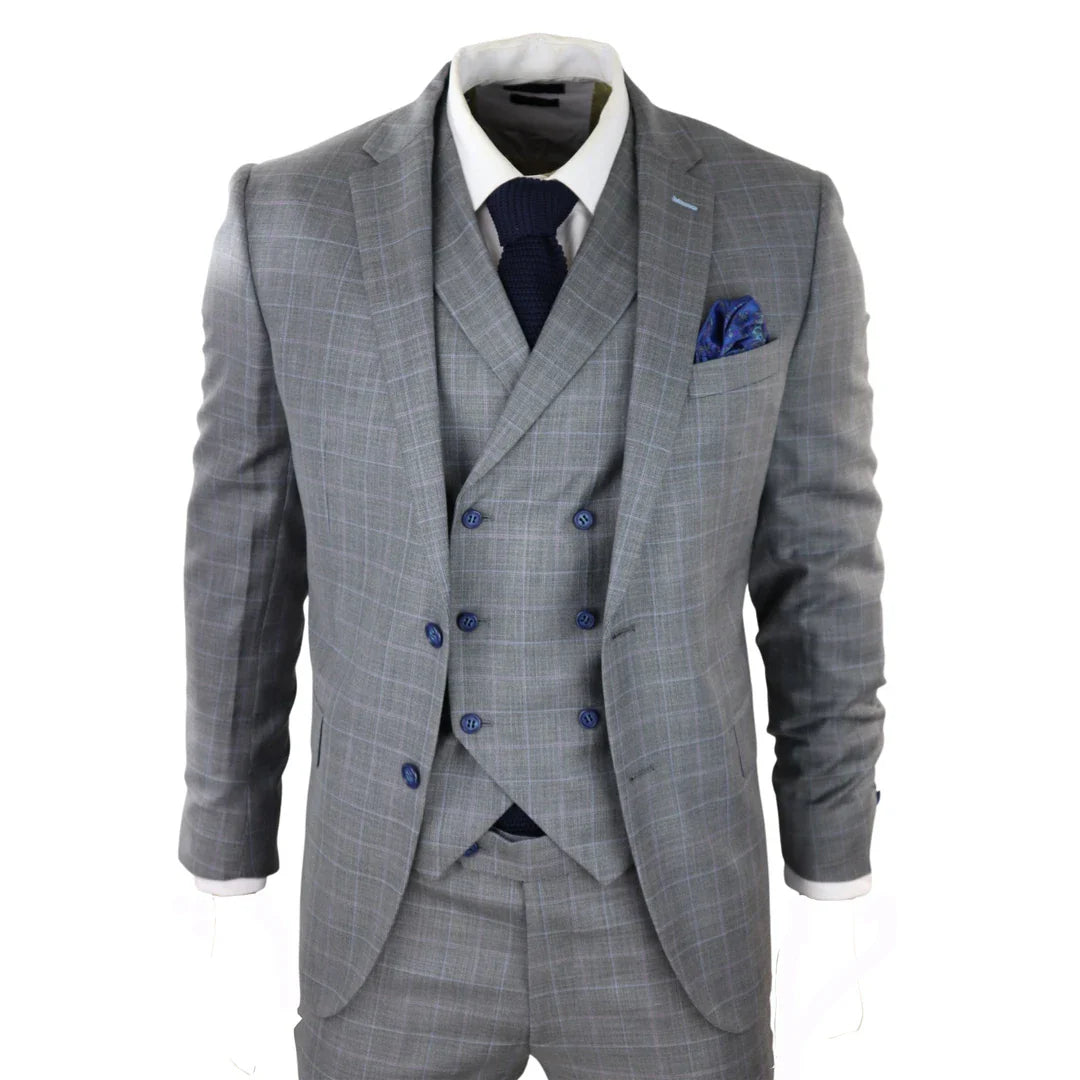 Men’s Light Grey Piece Suit Blue Check Double Breast Waistcoat Office Wedding Prom – ” Jacket ” Trousers Men’s Light Grey Piece Suit Blue Check Double Breast Waistcoat Office Wedding Prom – ” Jacket ” Trousers