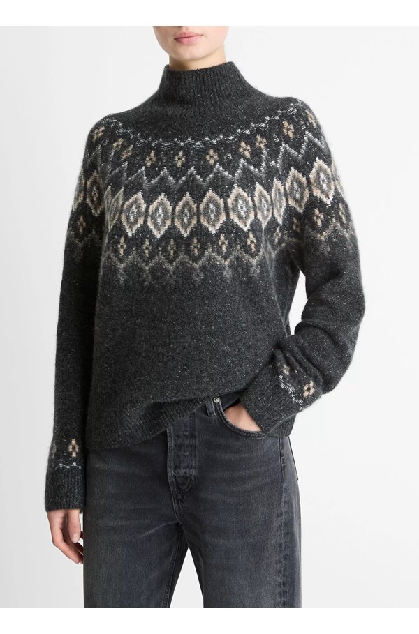 Vince – Fairisle Donegal Turtleneck Sweater in Heather Charcoal Combo Vince – Fairisle Donegal Turtleneck Sweater in Heather Charcoal Combo