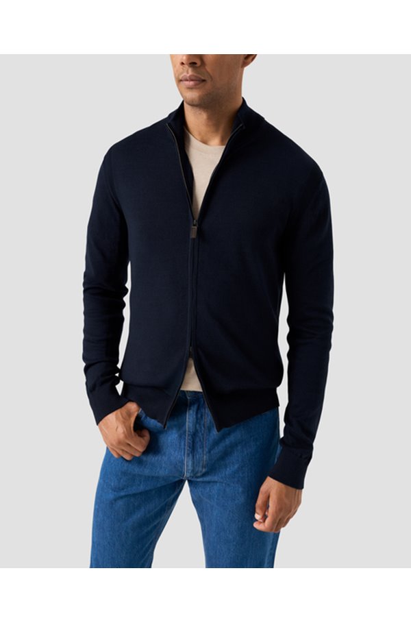 ETON – Cotton Full Zip Knit Cardigan in Navy Blue
