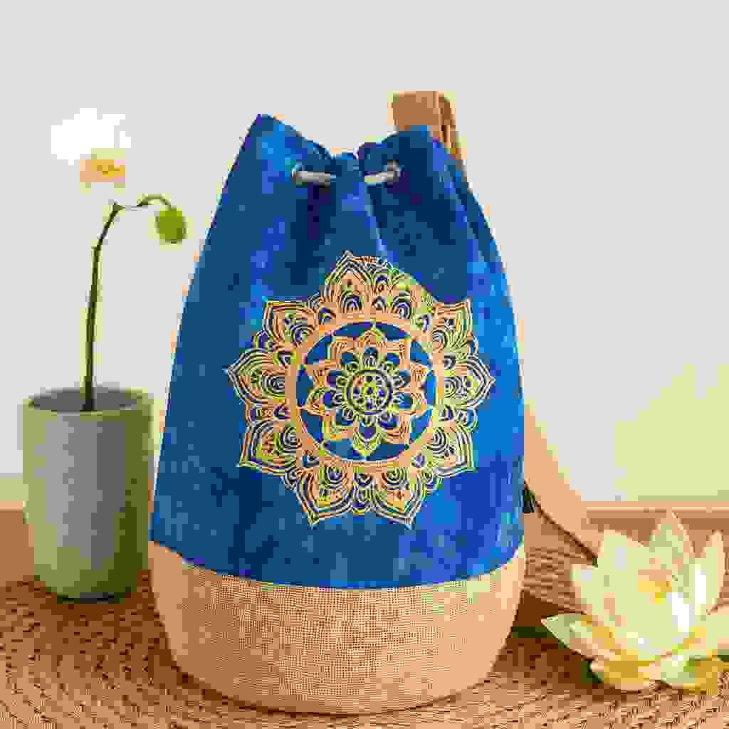 Drawstring Backpack Blue Bohemian Mandala Burlap Bottom