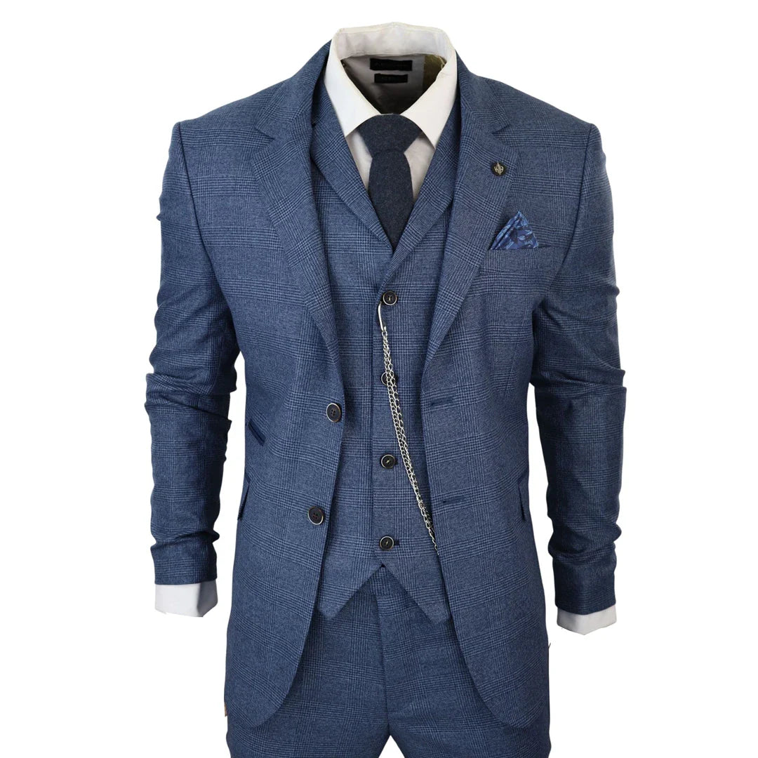 AK- – Men’s Piece Blue Prince Of Wales Check Suit – ” Jacket ” Trousers