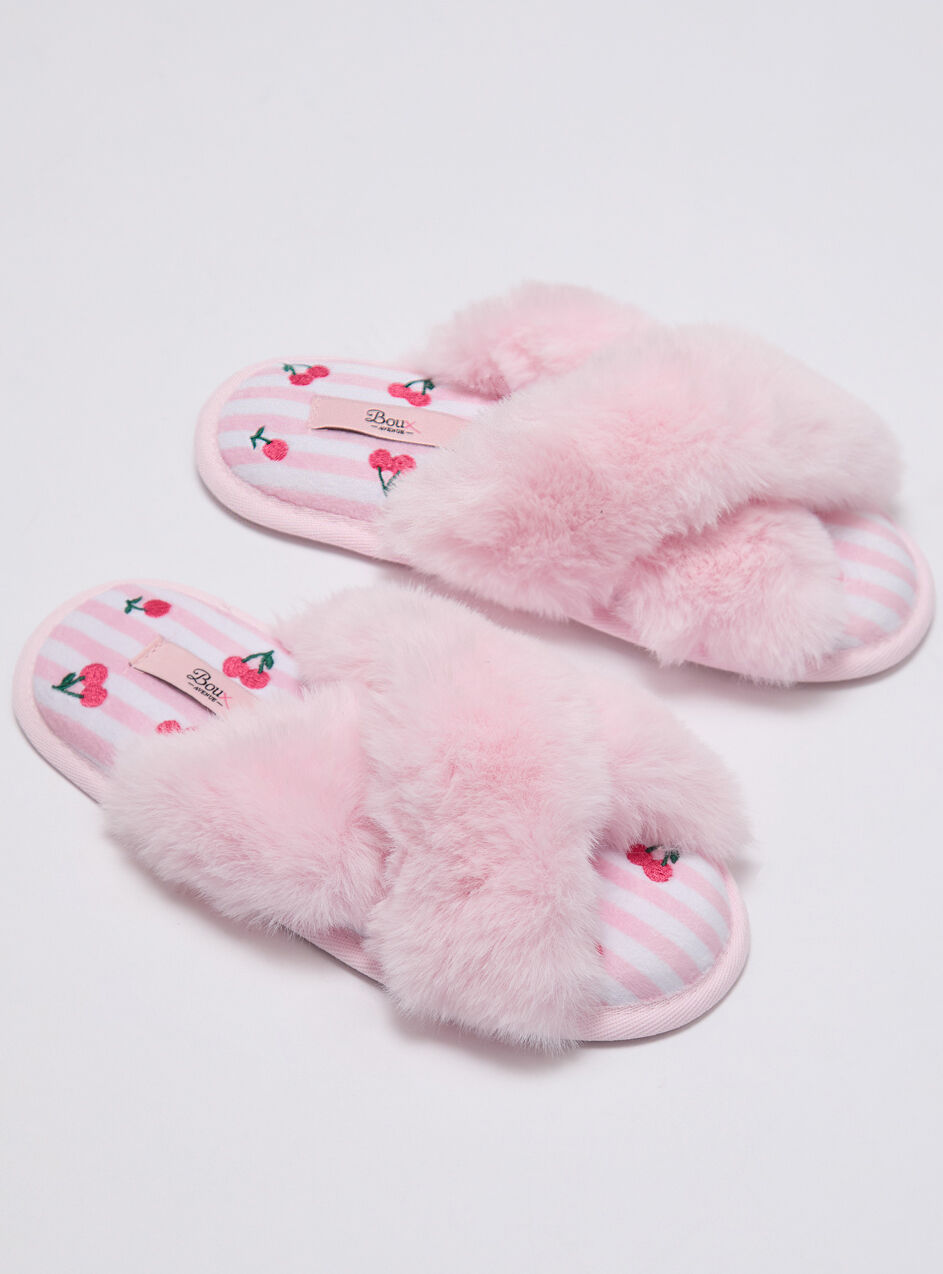 Boux Avenue Cherry embroidered striped cross band slippers – Candy Pink – –
