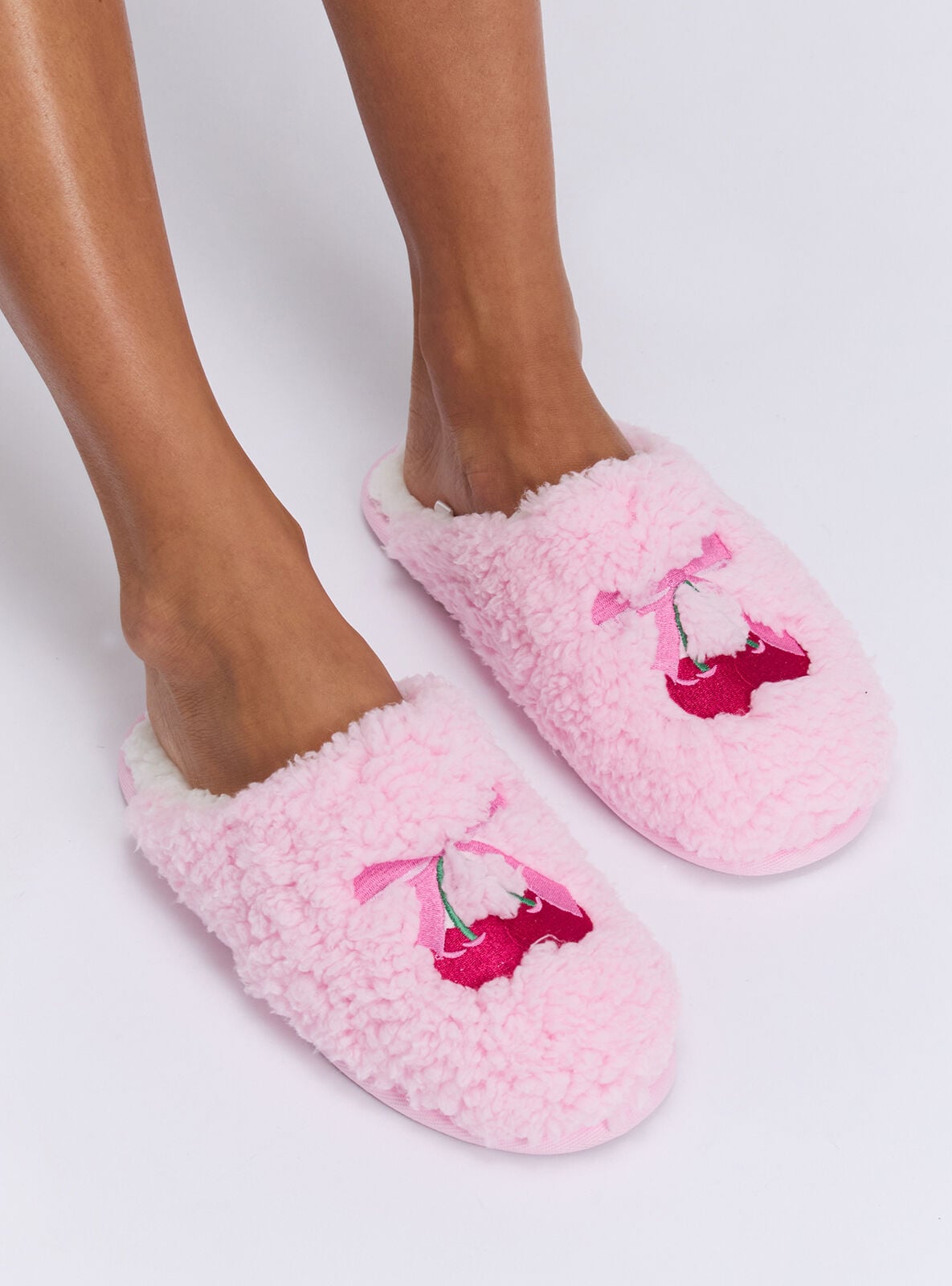 Boux Avenue Cherry and bow embroidered mule slippers – Candy Pink – –