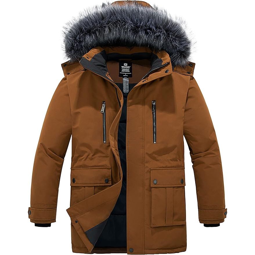Mens Long Winter Puffer Jacket Windproof Cotton Padded Brown Size