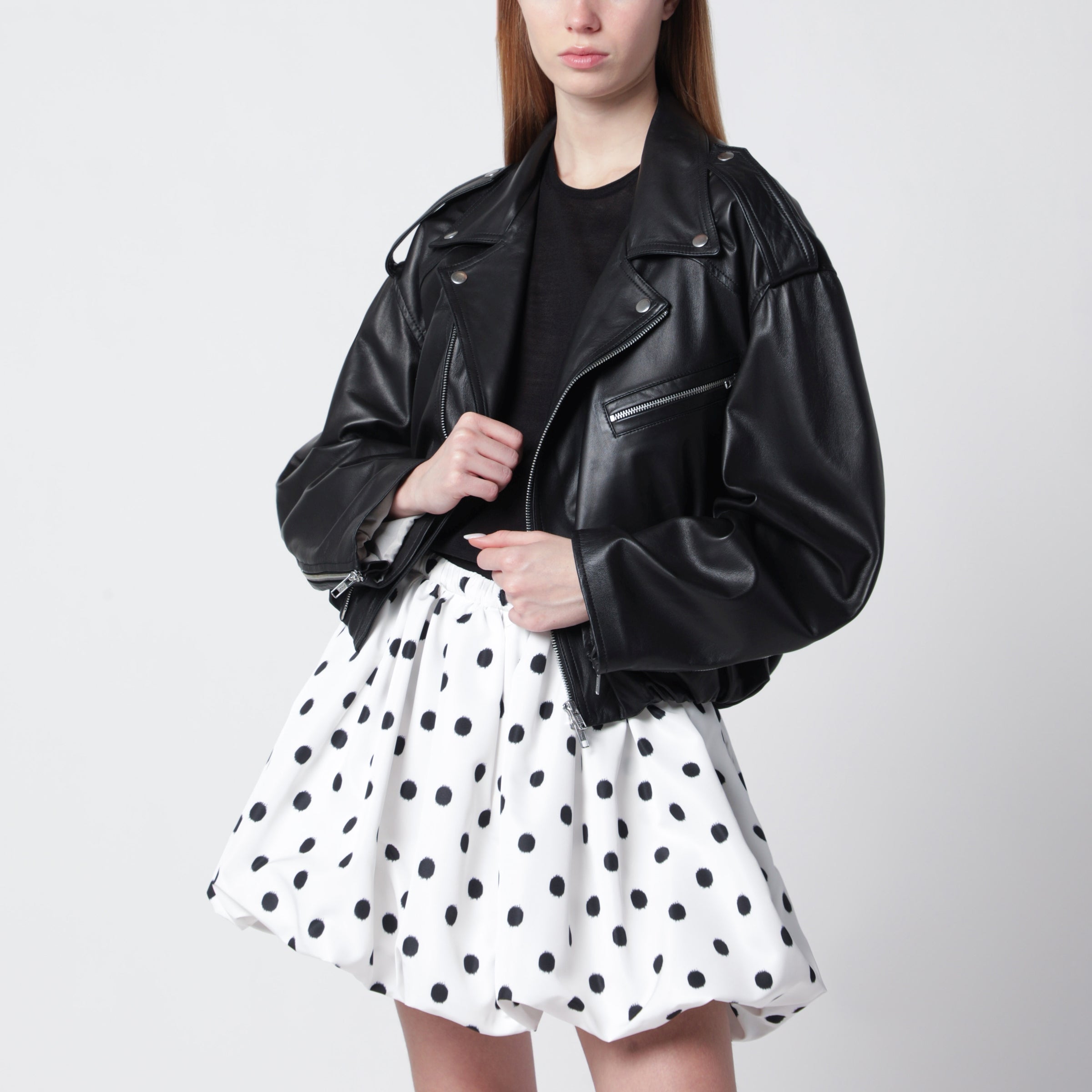 Black balloon leather bomber jacket