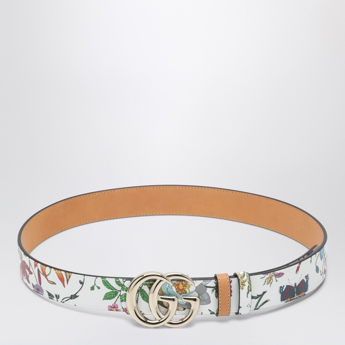 GG Marmont reversible belt in brownwhite leather with Flora print
