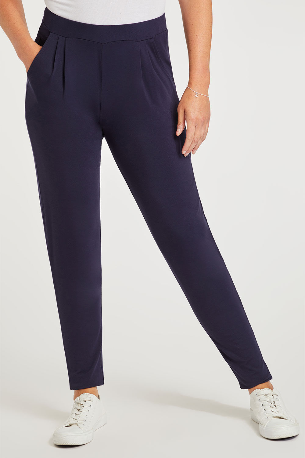 Bonmarche Navy Plain Jersey Harem Trousers, Size: