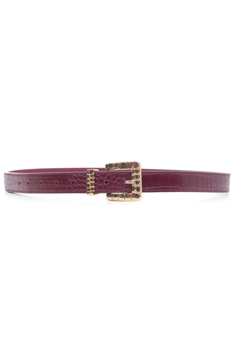 Bonmarche Burgundy Faux Croc Gold Buckle Belt, Size: