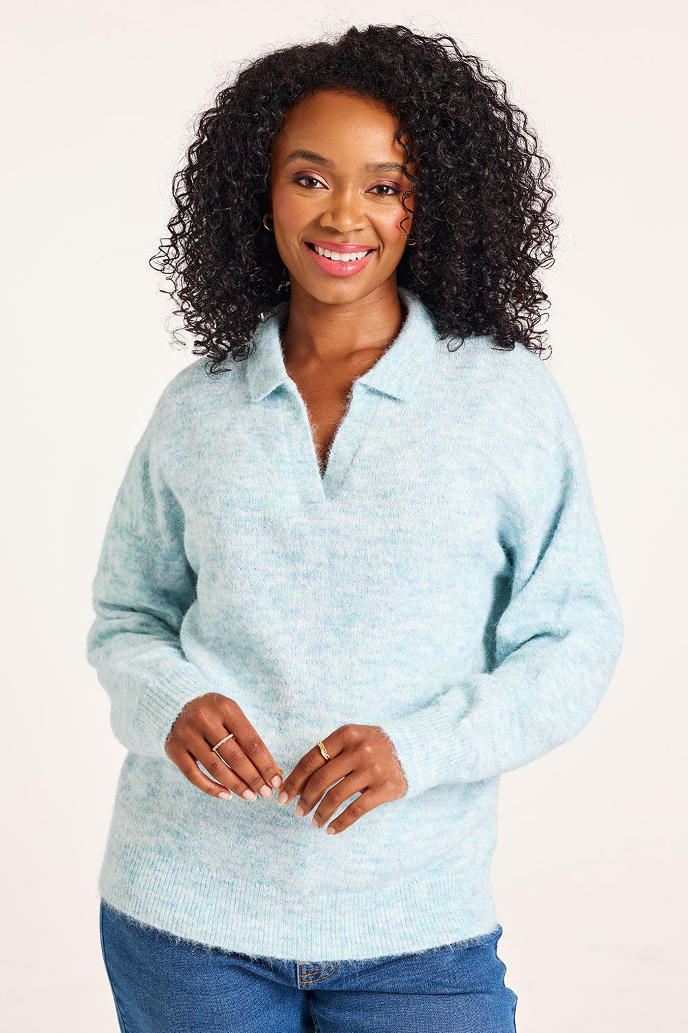 Bonmarche Turquoise Collared Plain Jumper, Size:
