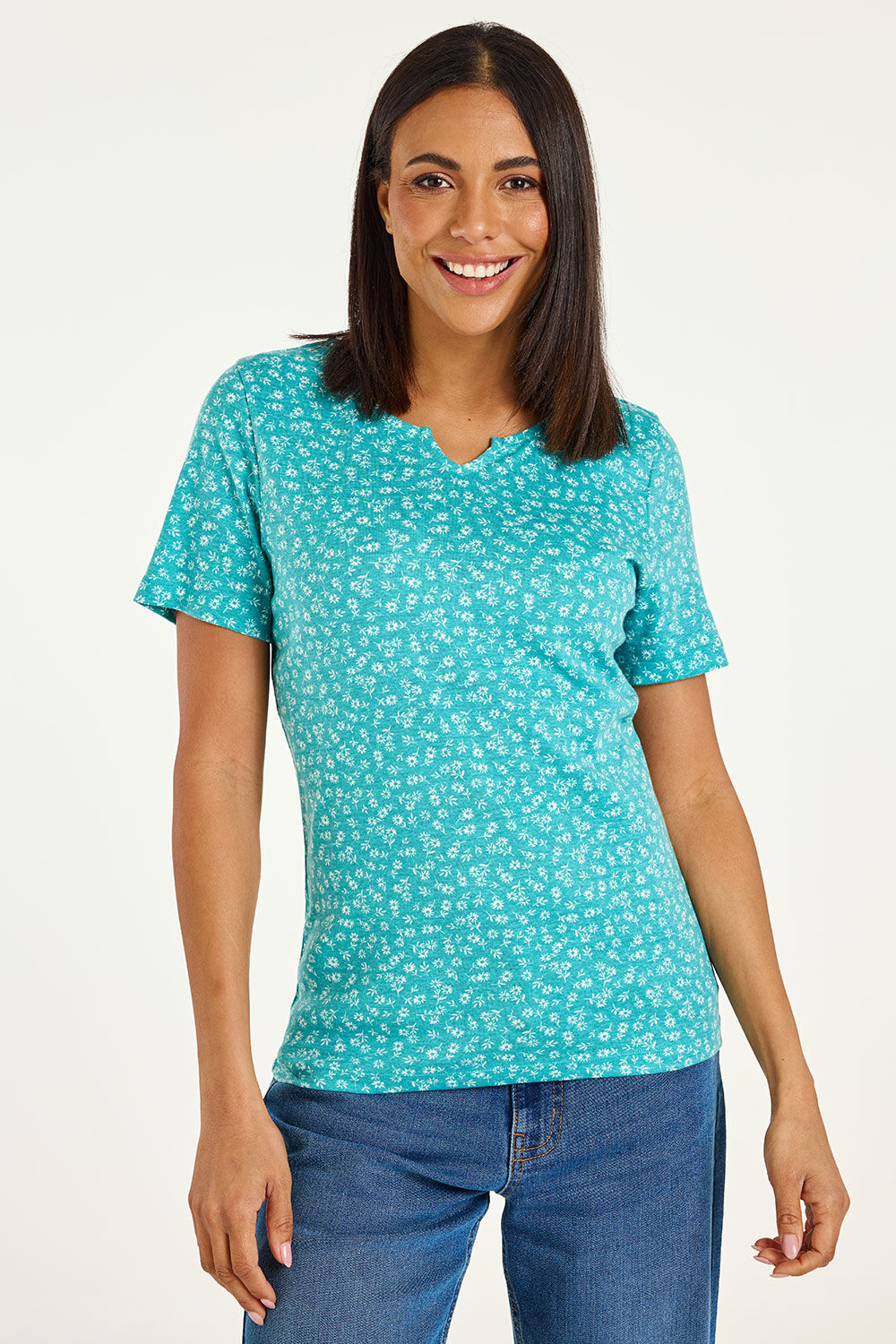 Bonmarche Turquoise Notch Neck Tiny Ditsy Print shirt, Size: