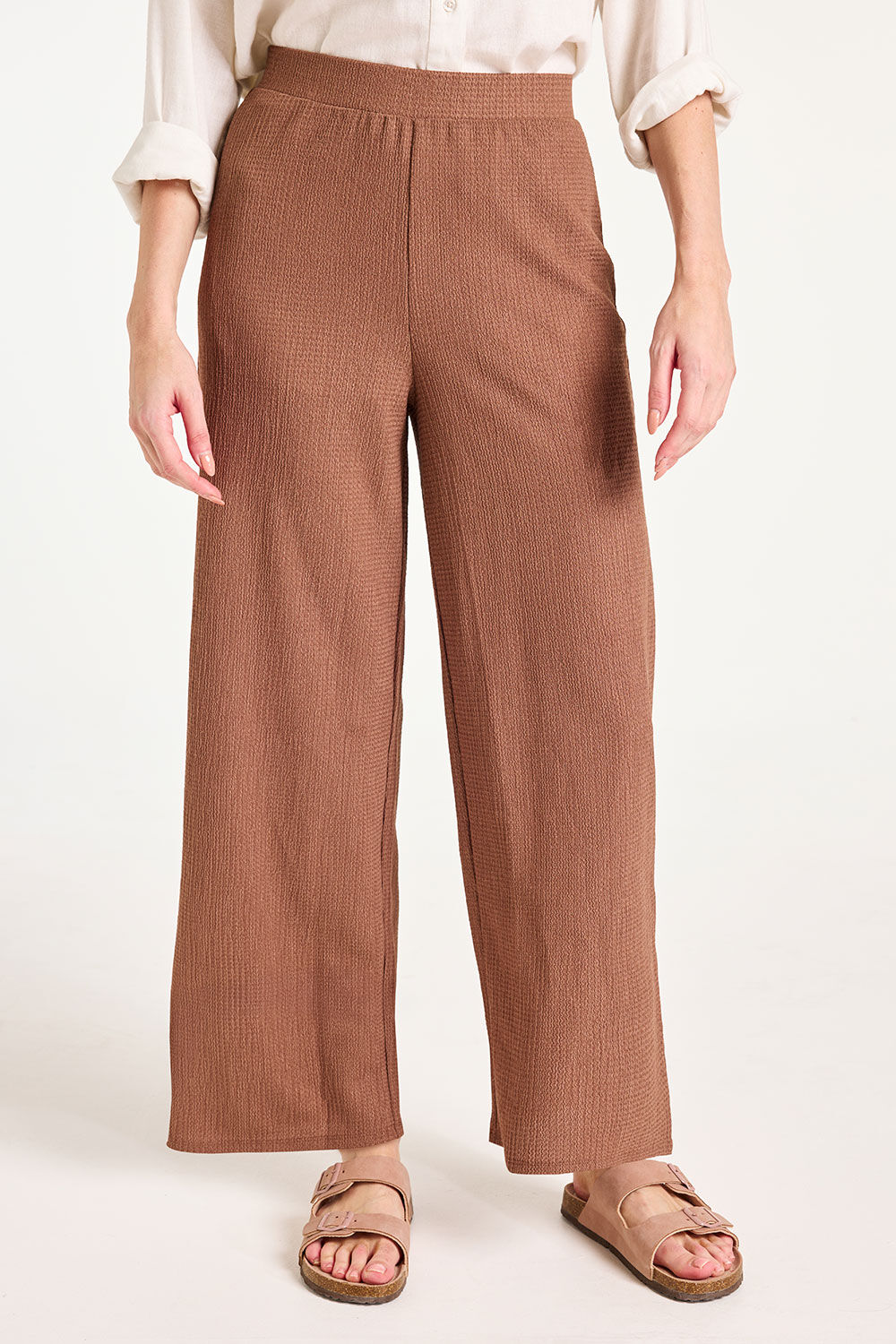 Bonmarche Brown Crinkle Wide Leg Trousers, Size: Bonmarche Brown Crinkle Wide Leg Trousers, Size: