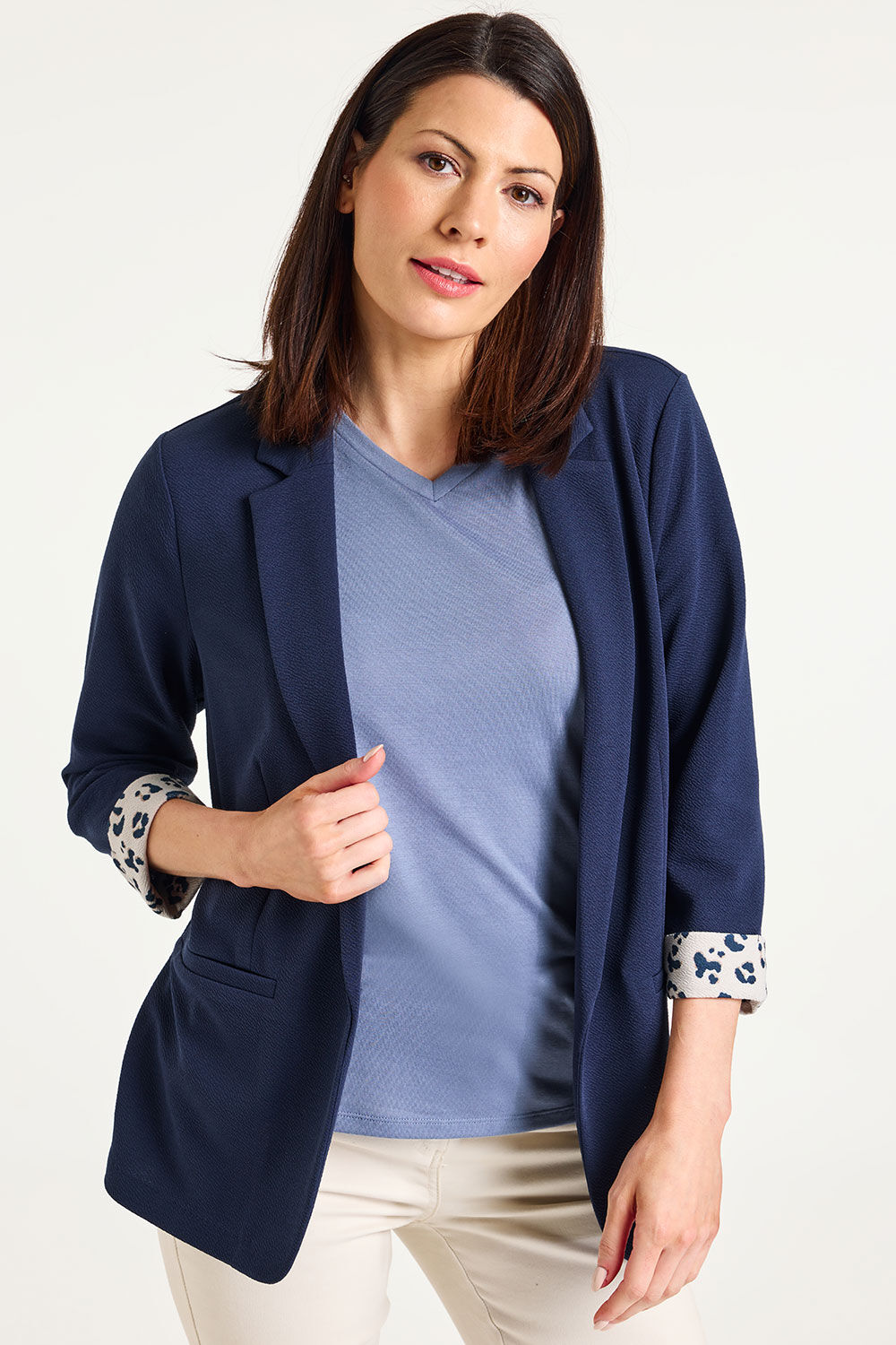 Bonmarche Navy Animal Cuff Relaxed Blazer, Size: Bonmarche Navy Animal Cuff Relaxed Blazer, Size: