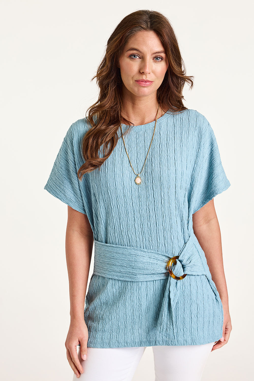 Bonmarche Light Blue Textured Tie Waist Tunic, Size: