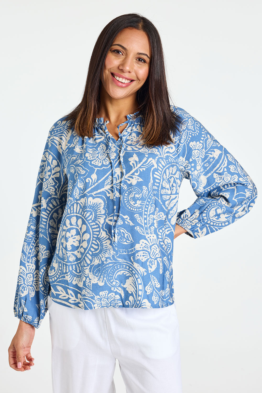 Bonmarche Blue Tie Neck Paisley Print Blouse, Size: Bonmarche Blue Tie Neck Paisley Print Blouse, Size: