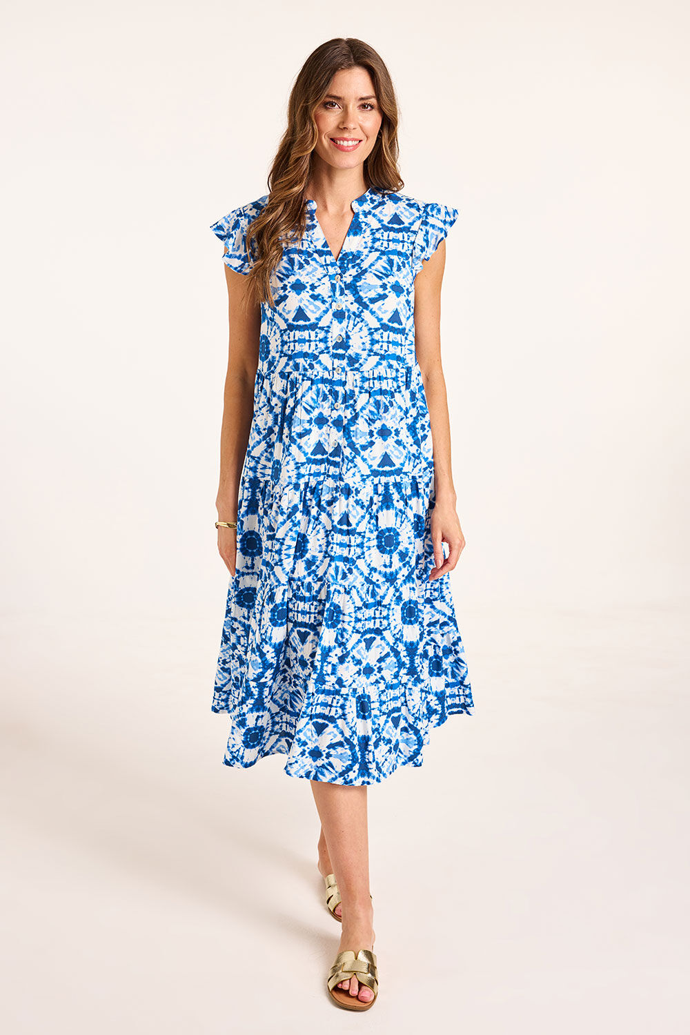 Bonmarche Blue Frill Sleeves Tiered Woven Tie Dye Dress, Size: Bonmarche Blue Frill Sleeves Tiered Woven Tie Dye Dress, Size: