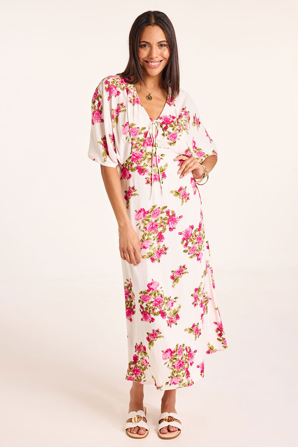 Bonmarche Ivory Floral Batwing Tie Front Dress, Size: