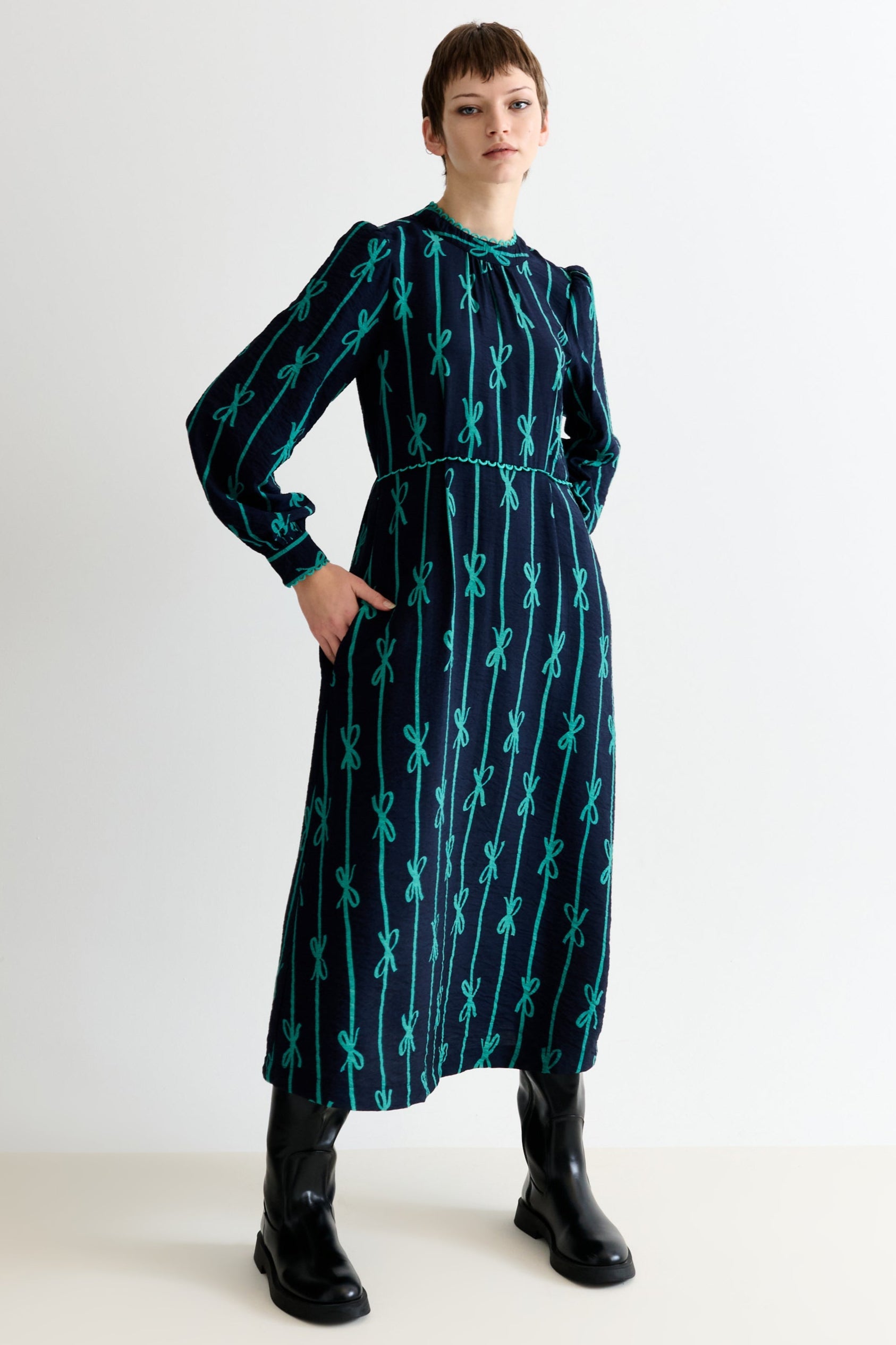 Avon Tie Up High Neck Long Sleeve Midi Dress Navy Avon Tie Up High Neck Long Sleeve Midi Dress Navy