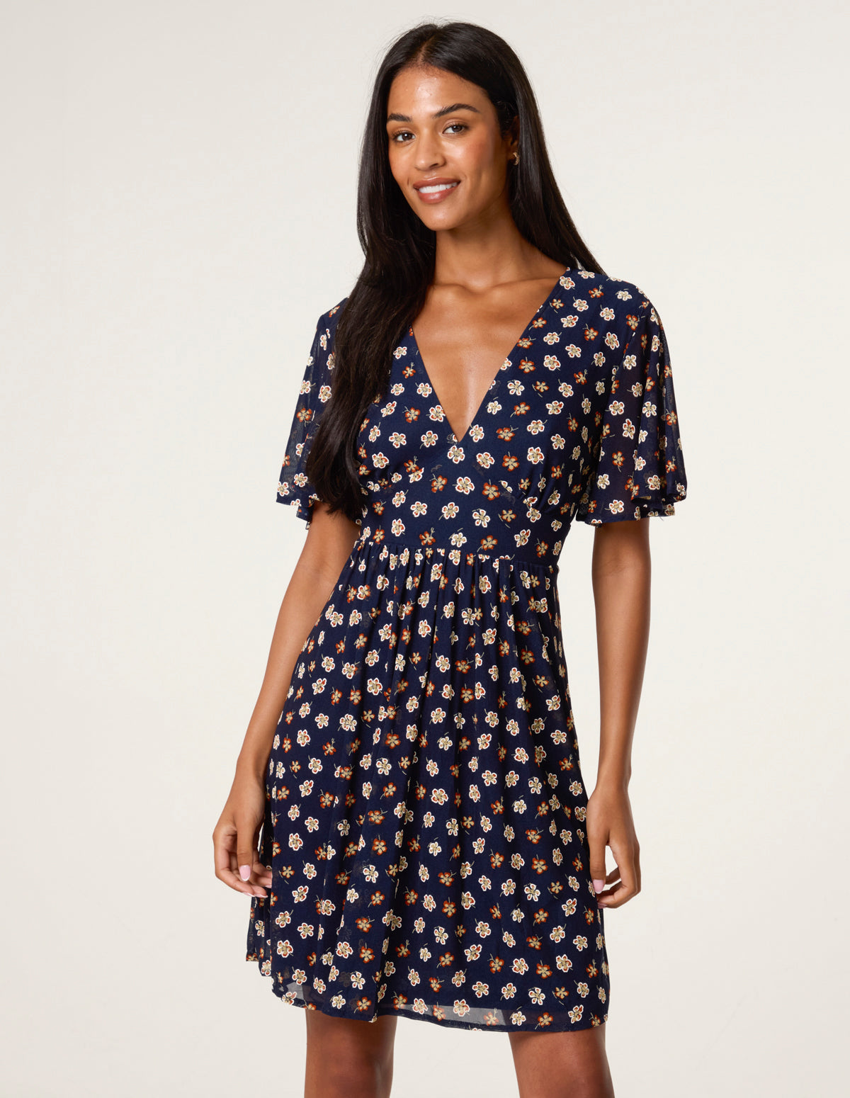 Ditsy Floral V Neck Tie Back Mini Dress – NAVY