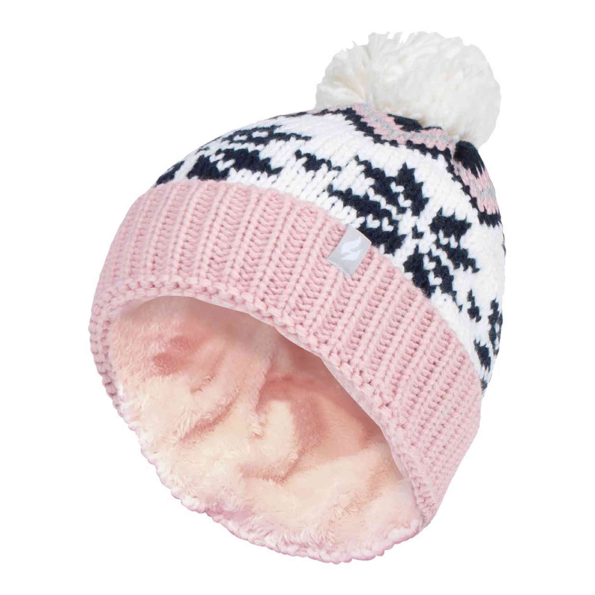 Ladies Fairisle Patterned Winter Thermal Beanie Hat with Pom Pom – One Size Pink