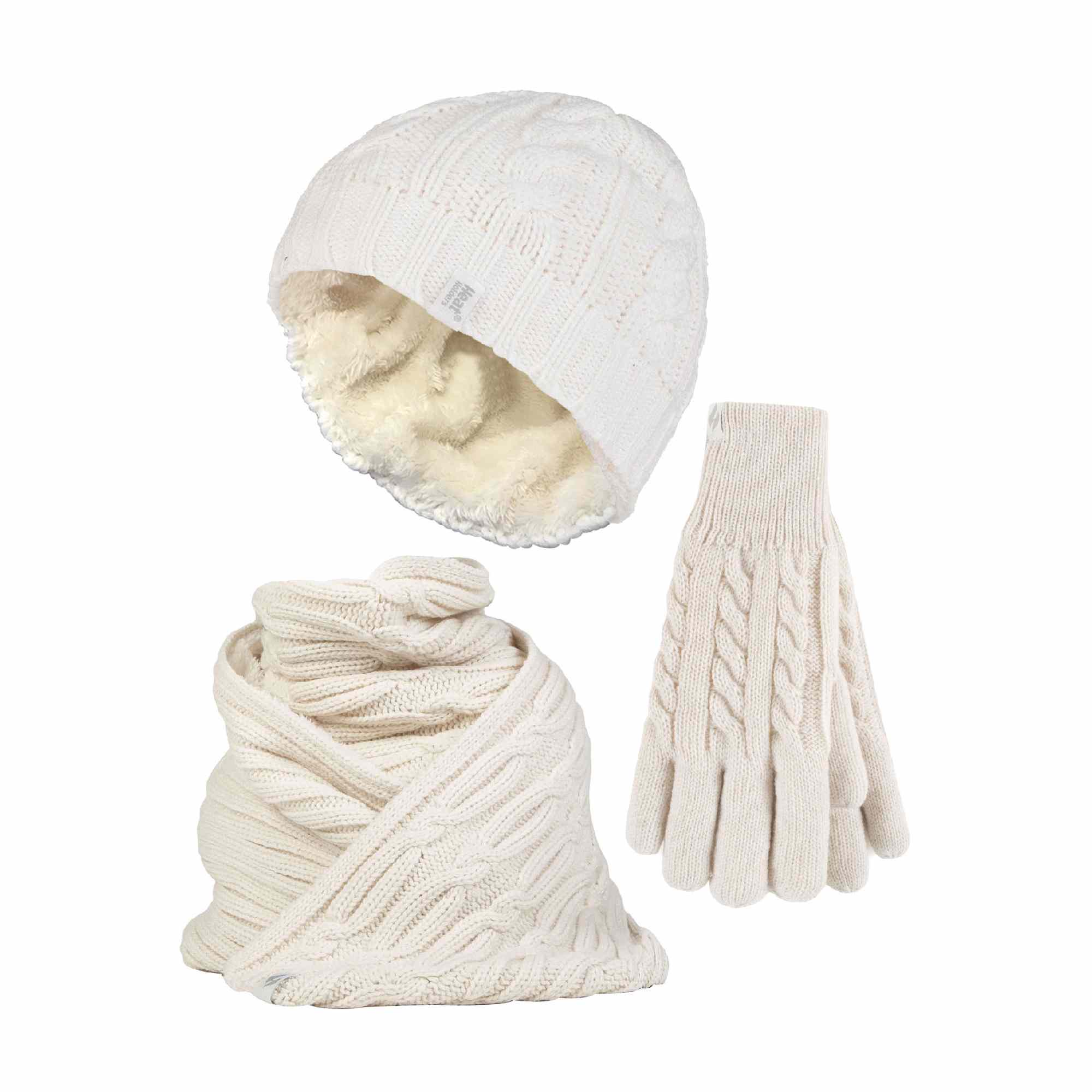 Ladies Knitted Thermal Hat Scarf & Gloves Set for Cold Weather – L- Cream Ladies Knitted Thermal Hat Scarf & Gloves Set for Cold Weather – L- Cream
