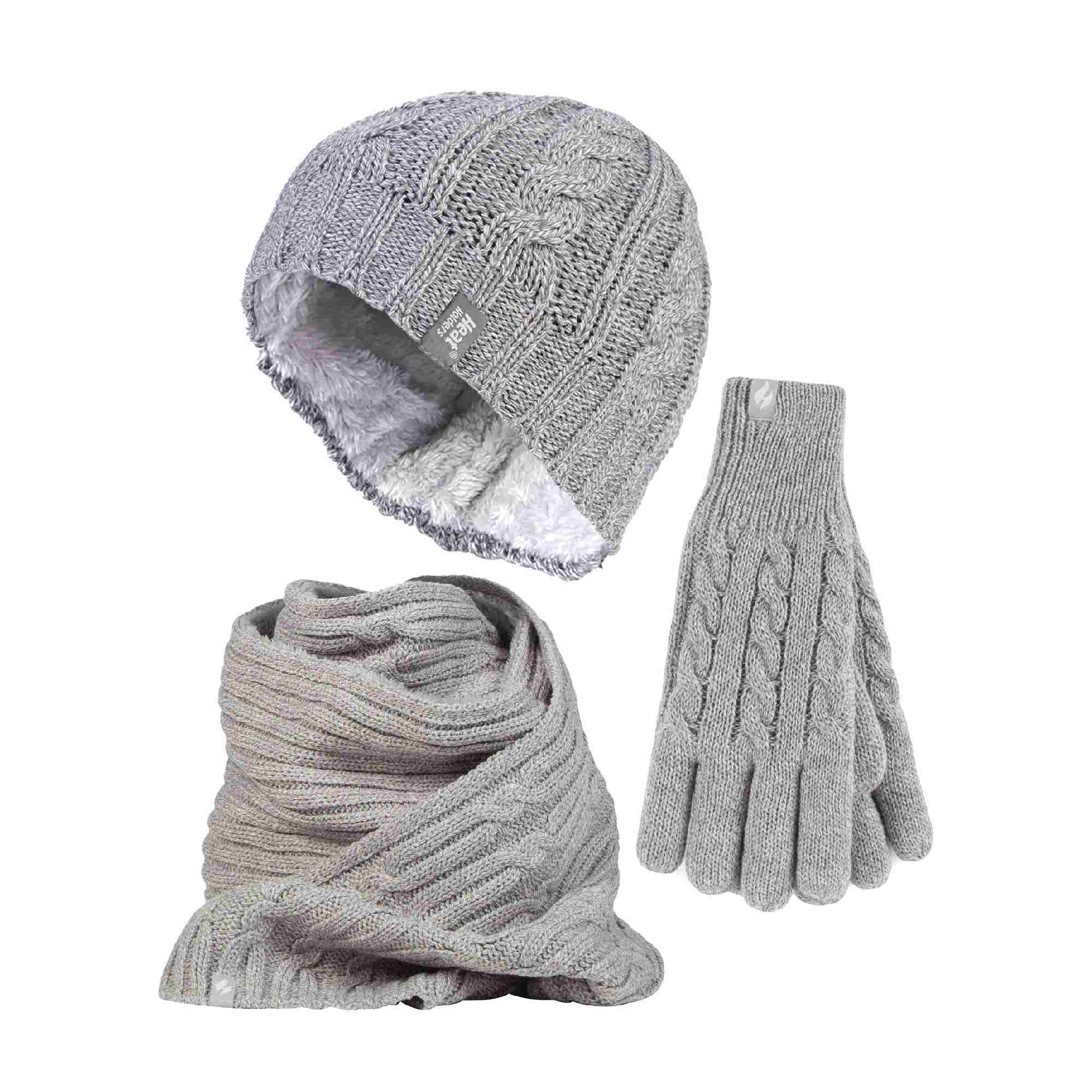 Ladies Knitted Thermal Hat Scarf & Gloves Set for Cold Weather – S-M Light Grey