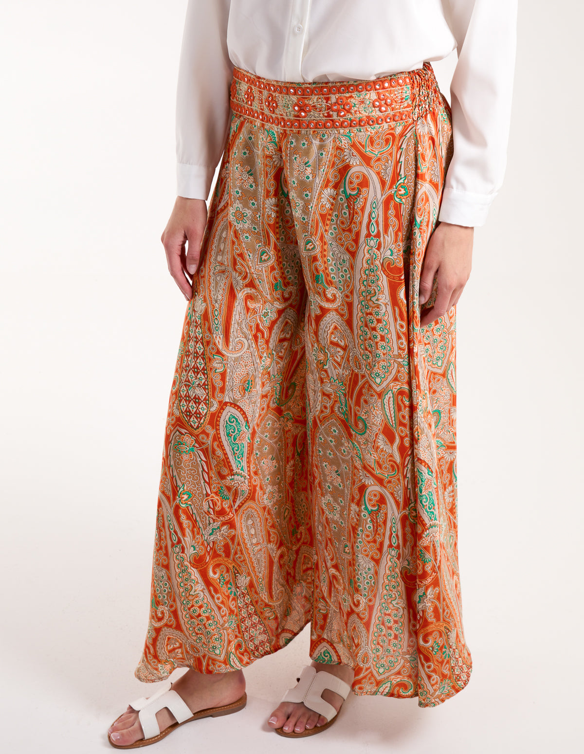 Embellished Waist Wide Leg Trousers – S ORANGE Embellished Waist Wide Leg Trousers – S ORANGE