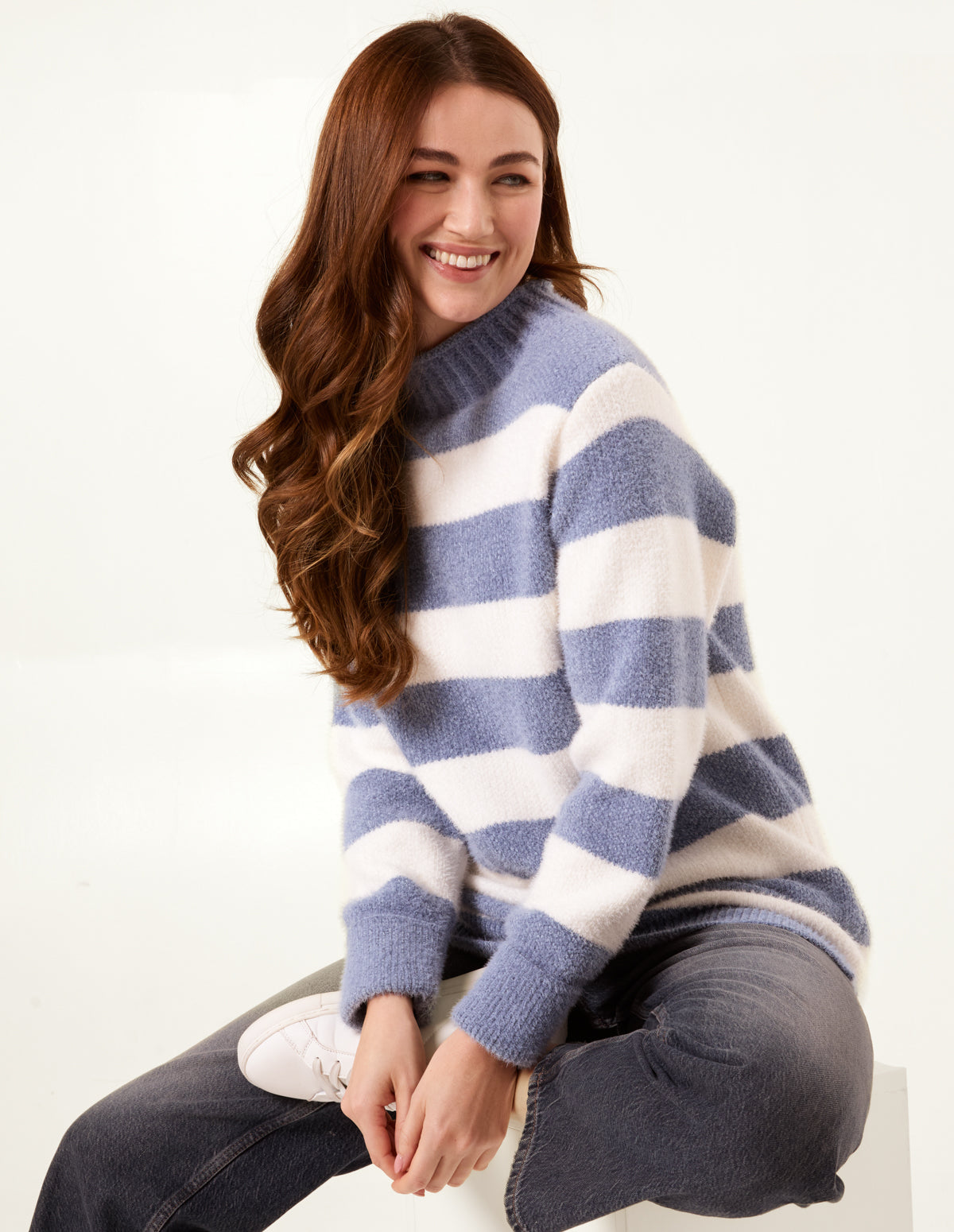 High Neck Striped Jumper – SM BLUE