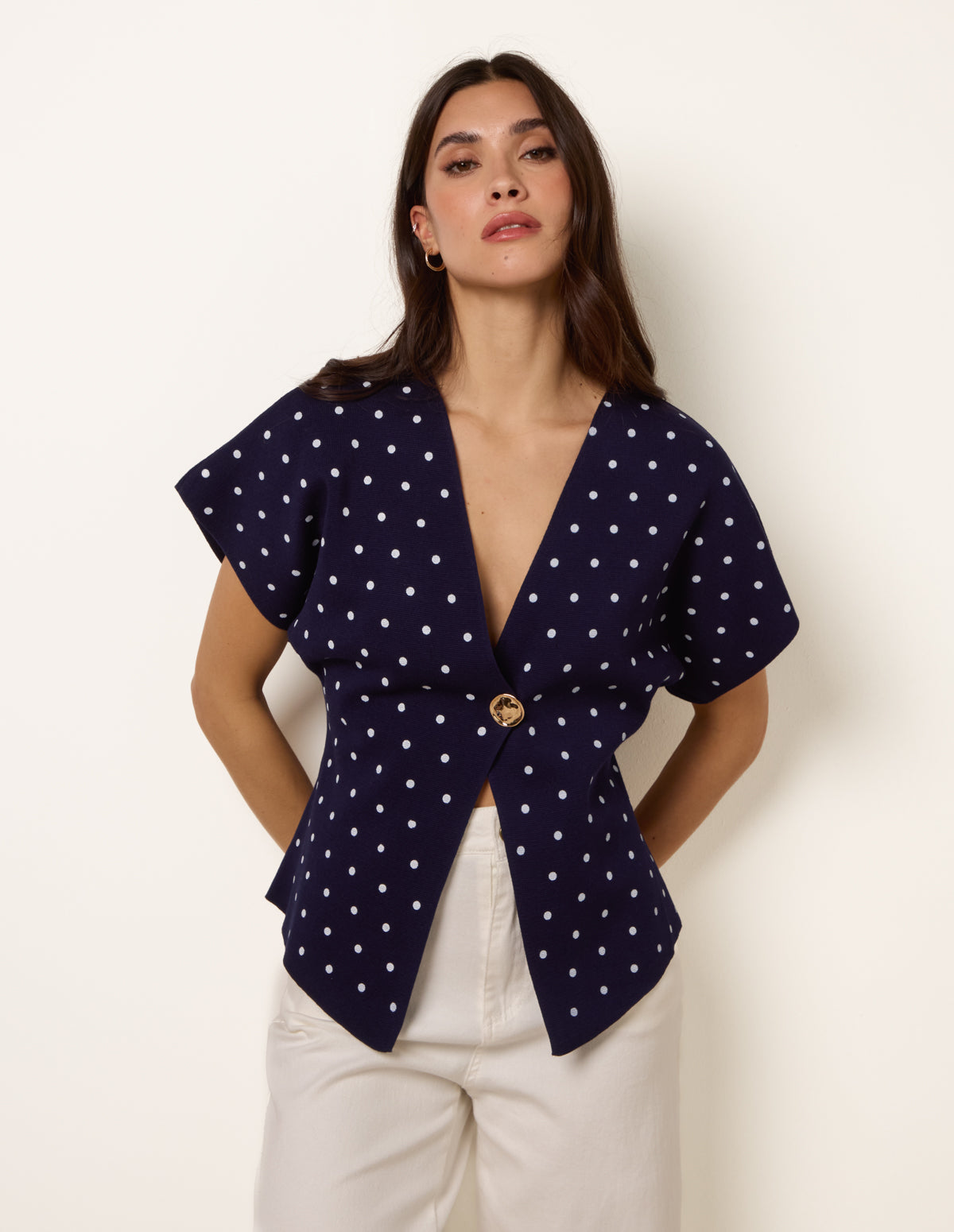 Polka Dot Short-Sleeve Knit Cardigan Top – SM NAVY