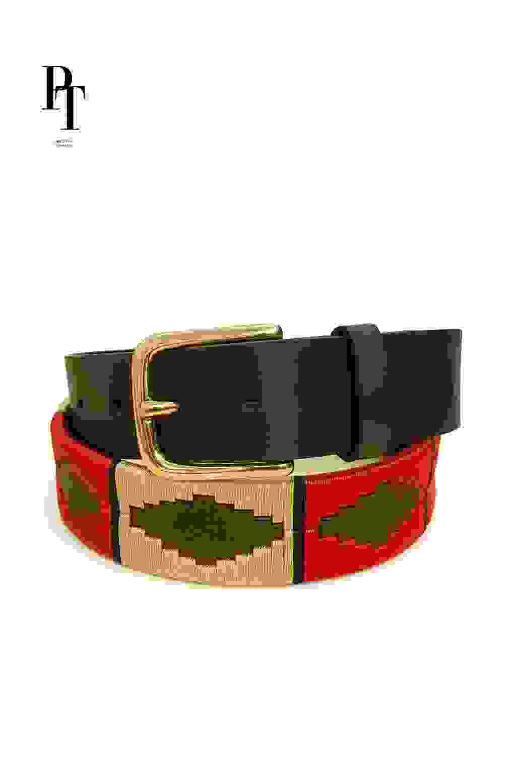 Prestige Tannery Braided Leather Belt Brown with Gold & Red Accents