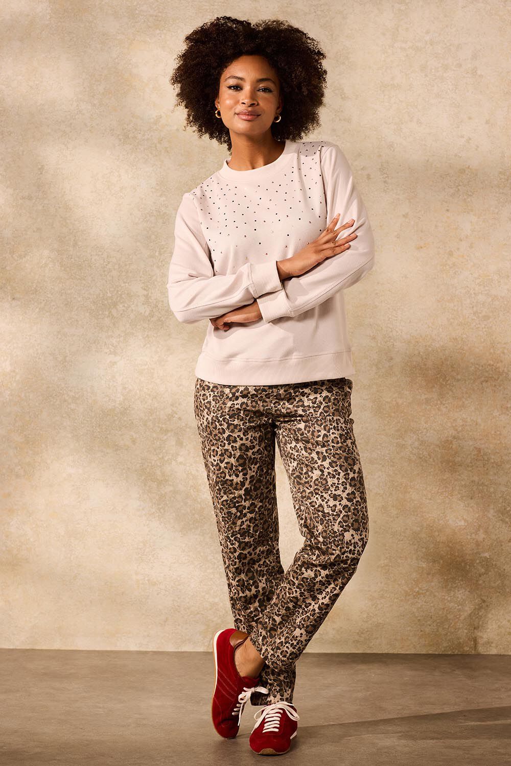 Bonmarche Brown Leopard Print Barrel Style Trousers, Size: