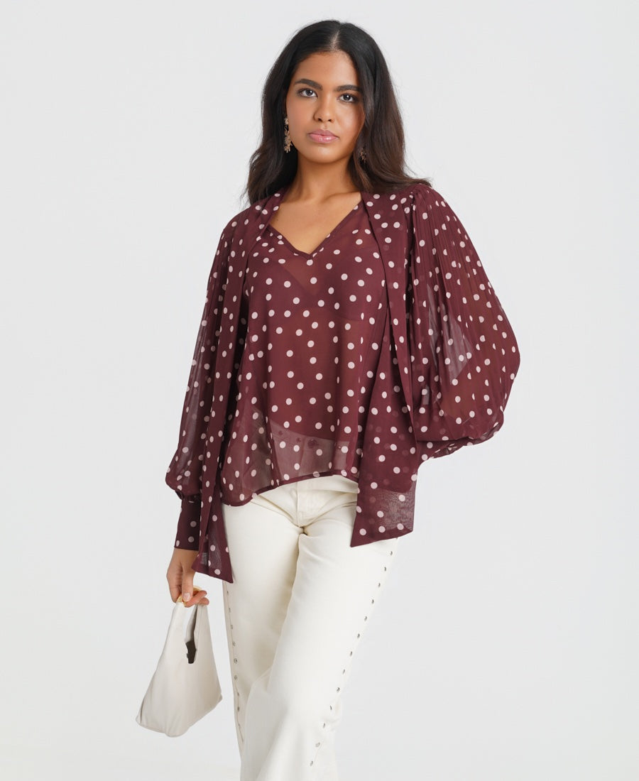 Burgundy Polka Dot Tie Neck Blouse