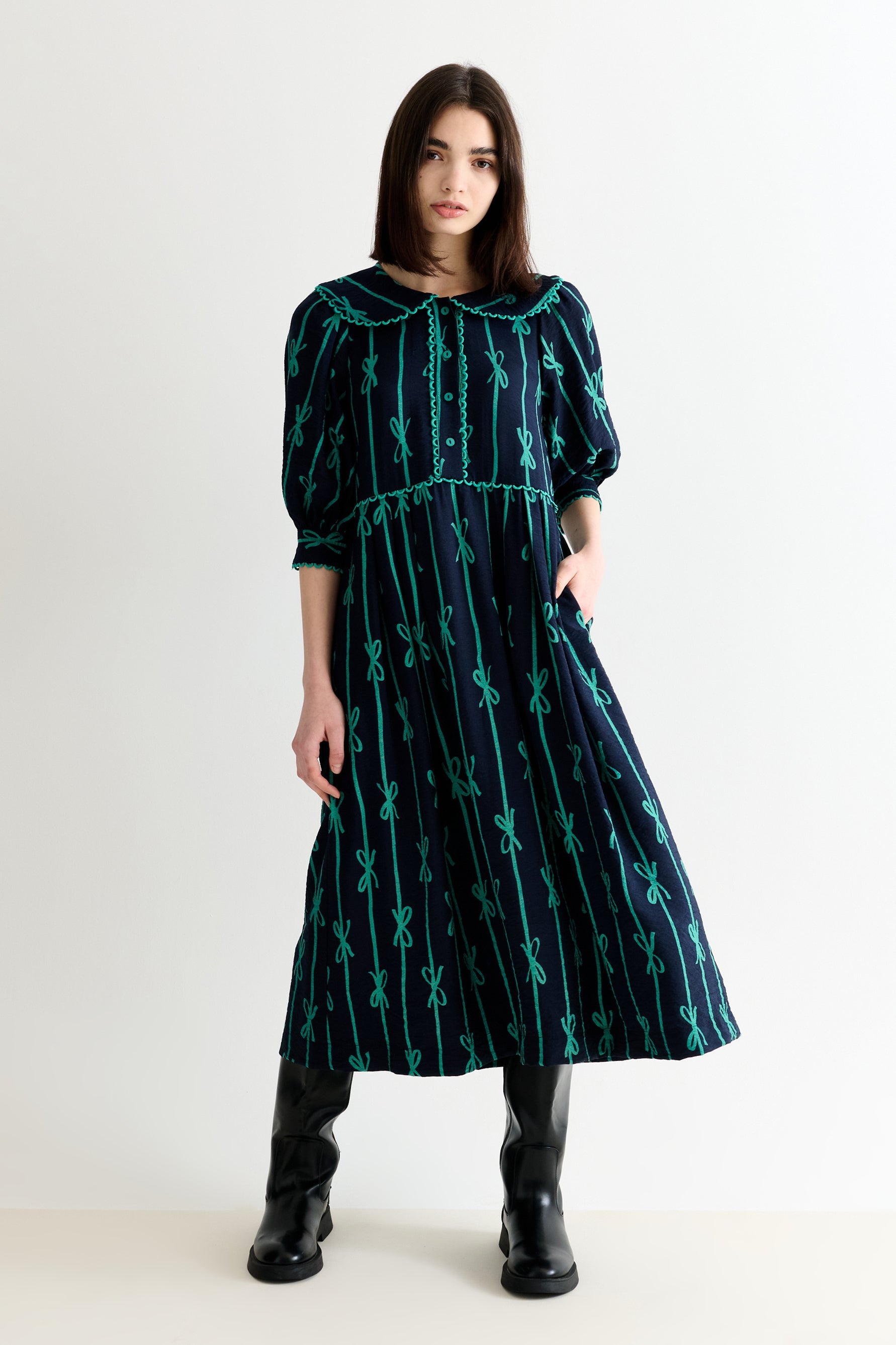 Caris Tie Up Statement Collar Sleeve Midi Dress Navy