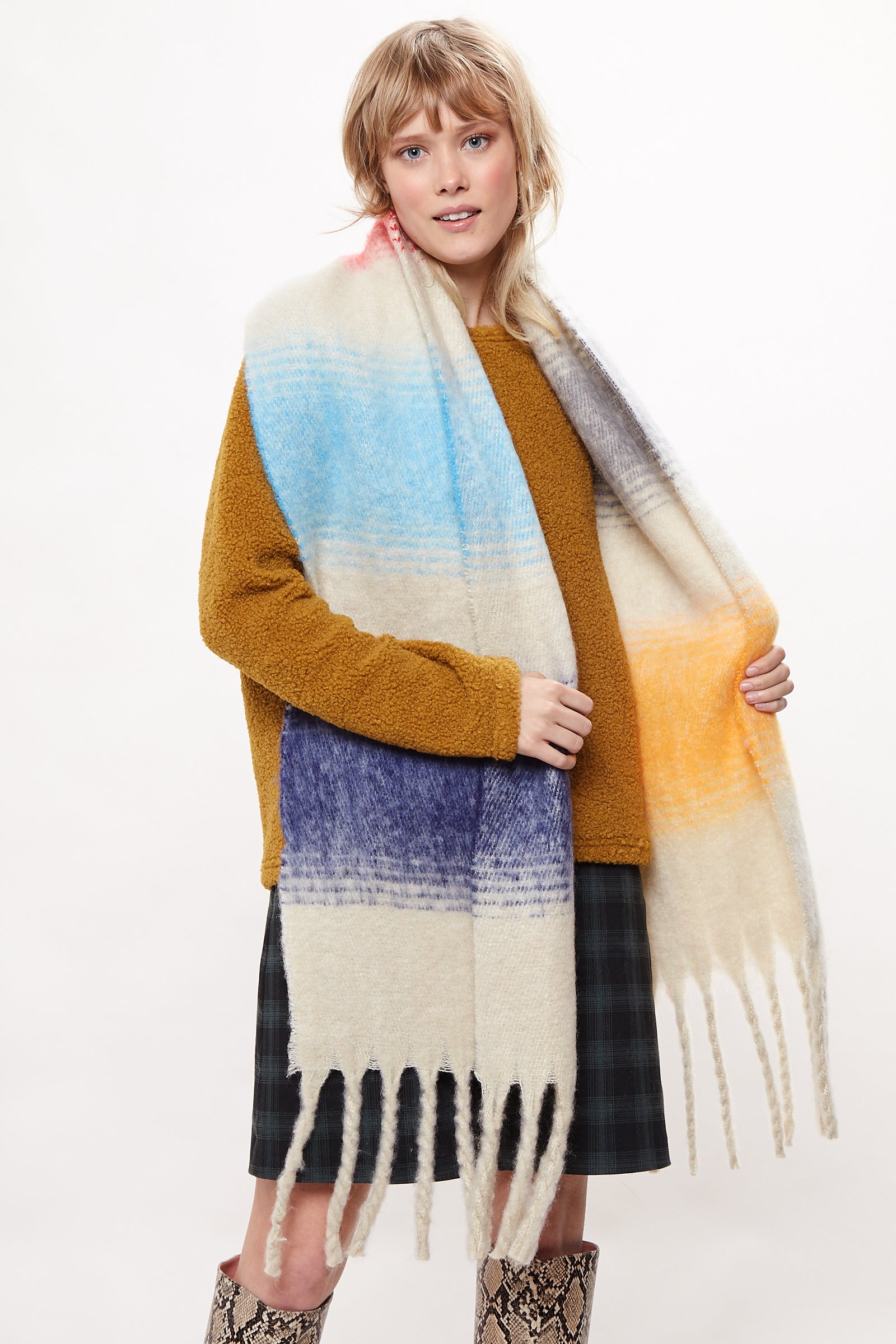 Louche Ciara Cosy Fluffy Striped Tassel Scarf – Beige