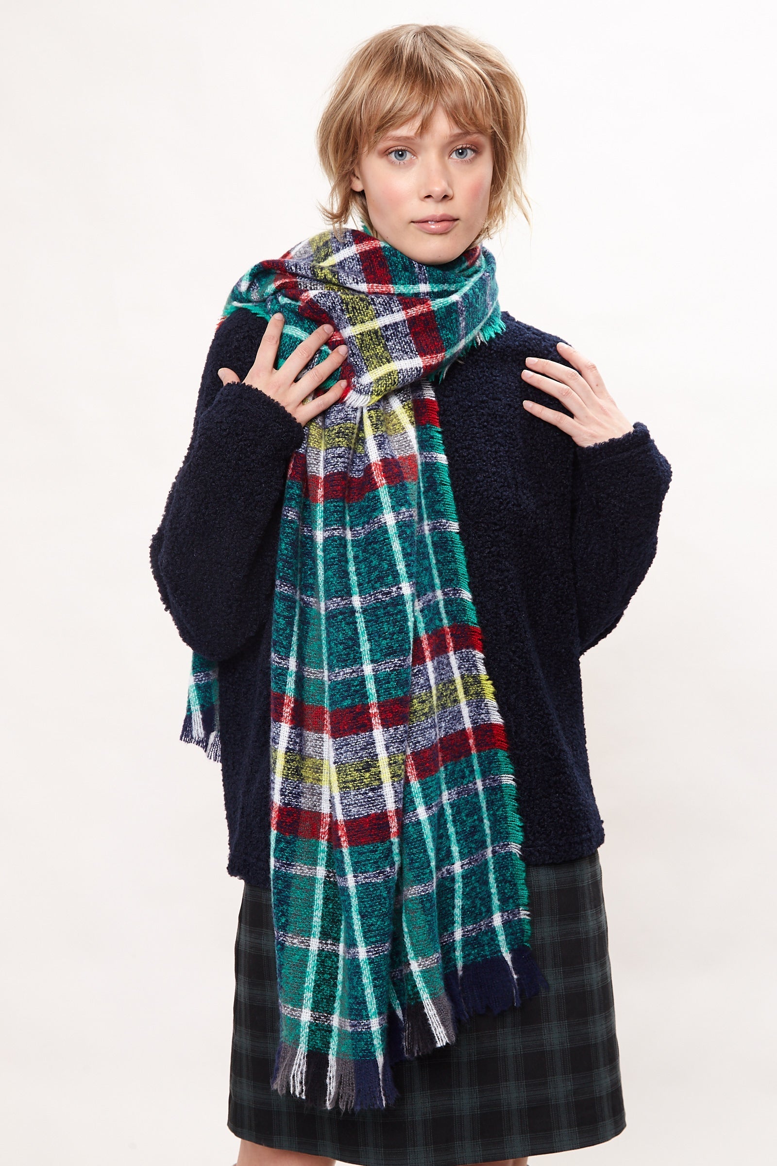 Louche Clodagh Warm Handle Checked Scarf With Fringed Edge – Green