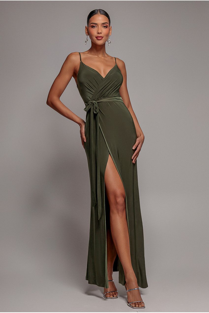 City Goddess Wrap Front Maxi Slip Dress With Waist Tie-Up City Goddess Wrap Front Maxi Slip Dress With Waist Tie-Up