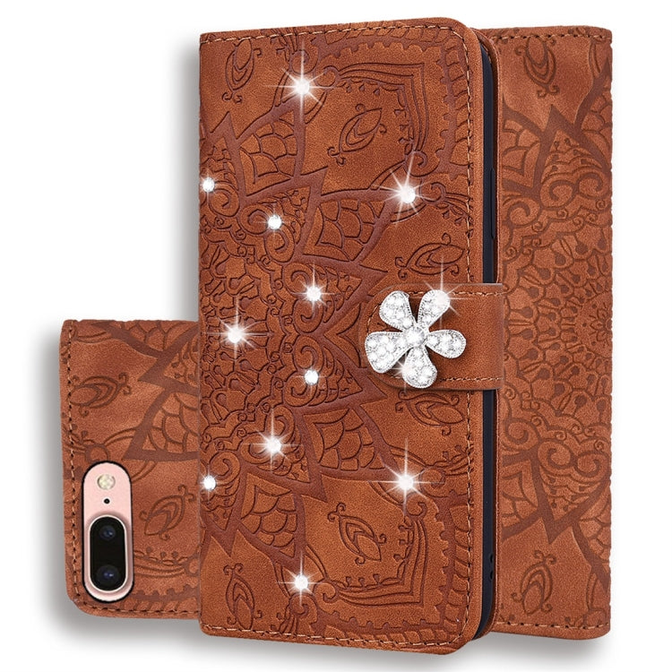 Calf Pattern Diamond Mandala Double Folding Design Embossed Leather Case with Wallet & Holder & Card Slots, For – For iPhone Plus Plus Brown